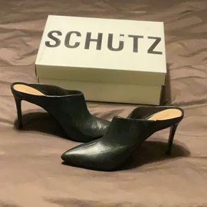 Schutz 3.5 inch pointed toe heeled mules in black